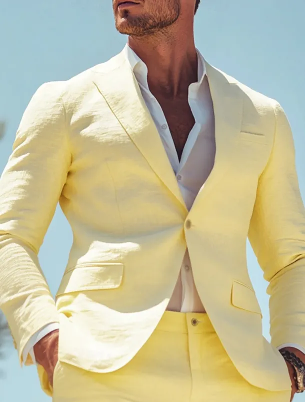 Men's Beach Wedding Linen Suits Daffodil Fashion Casual Solid Colored Standard Fit 2 Piece Single Breasted One-button