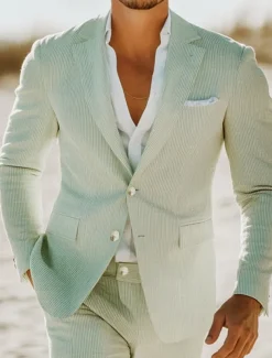 Men's Beach Wedding Suits Champagne Sky Blue Lightweight Striped Standard Fit 2 Piece Single Breasted Two-buttons