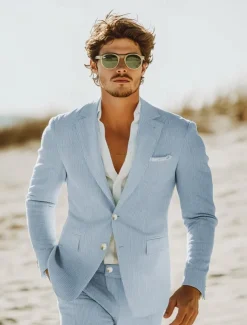 Men's Beach Wedding Suits Champagne Sky Blue Lightweight Striped Standard Fit 2 Piece Single Breasted Two-buttons