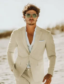 Men's Beach Wedding Suits Champagne Sky Blue Lightweight Striped Standard Fit 2 Piece Single Breasted Two-buttons