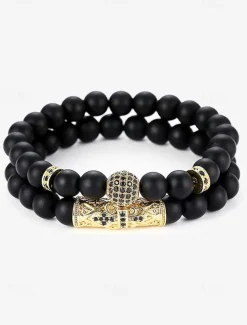 Men's Beaded Bracelet Set – Red Tiger Eye Stones with Gold-Plated Accents and Black Crystal Inlays for a Stylish Look