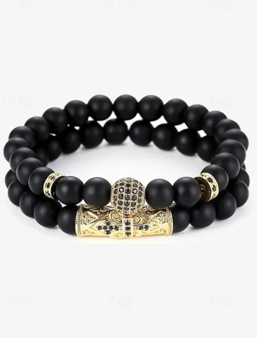 Men's Beaded Bracelet Set – Red Tiger Eye Stones with Gold-Plated Accents and Black Crystal Inlays for a Stylish Look