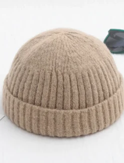 Men's Beanie Hat Fisherman Beanie Trawler Beanie Watch Cap Beanies Light Yellow Black Cotton Sports Travel Roll up Edge Outdoor Vacation Plain Windproof Warm