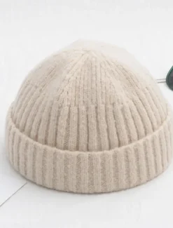 Men's Beanie Hat Fisherman Beanie Trawler Beanie Watch Cap Beanies Light Yellow Black Cotton Sports Travel Roll up Edge Outdoor Vacation Plain Windproof Warm