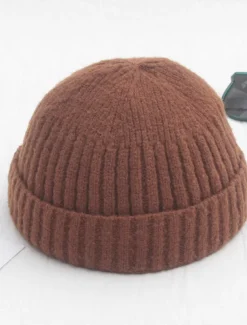 Men's Beanie Hat Fisherman Beanie Trawler Beanie Watch Cap Beanies Light Yellow Black Cotton Sports Travel Roll up Edge Outdoor Vacation Plain Windproof Warm