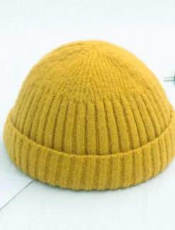 Men's Beanie Hat Fisherman Beanie Trawler Beanie Watch Cap Beanies Light Yellow Black Cotton Sports Travel Roll up Edge Outdoor Vacation Plain Windproof Warm