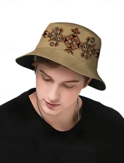 Men's Beige Bucket Hat with Ethnic Geometric Print - Stylish Summer Hat for Outdoor Adventures and Festivals