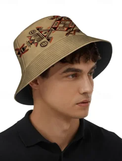 Men's Beige Bucket Hat with Ethnic Geometric Print - Stylish Summer Hat for Outdoor Adventures and Festivals