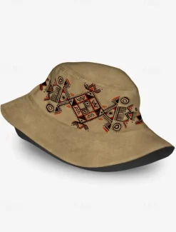 Men's Beige Bucket Hat with Ethnic Geometric Print - Stylish Summer Hat for Outdoor Adventures and Festivals