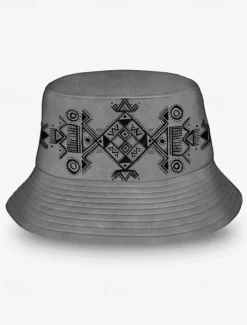 Men's Beige Bucket Hat with Ethnic Geometric Print - Stylish Summer Hat for Outdoor Adventures and Festivals