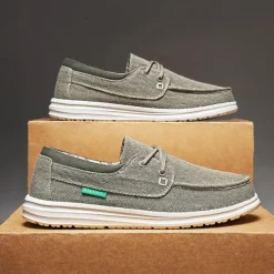 Men's Beige Canvas Boat Shoes with Lace-Up Design and Comfortable Sole – Ideal for Casual and Outdoor Activities