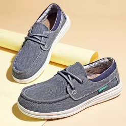 Men's Beige Canvas Boat Shoes with Lace-Up Design and Comfortable Sole – Ideal for Casual and Outdoor Activities