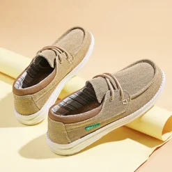 Men's Beige Canvas Boat Shoes with Lace-Up Design and Comfortable Sole – Ideal for Casual and Outdoor Activities