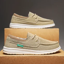 Men's Beige Canvas Boat Shoes with Lace-Up Design and Comfortable Sole – Ideal for Casual and Outdoor Activities