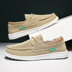 Men's Beige Canvas Boat Shoes with Lace-Up Design and Comfortable Sole – Ideal for Casual and Outdoor Activities