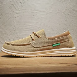 Men's Beige Canvas Boat Shoes with Lace-Up Design and Comfortable Sole – Ideal for Casual and Outdoor Activities