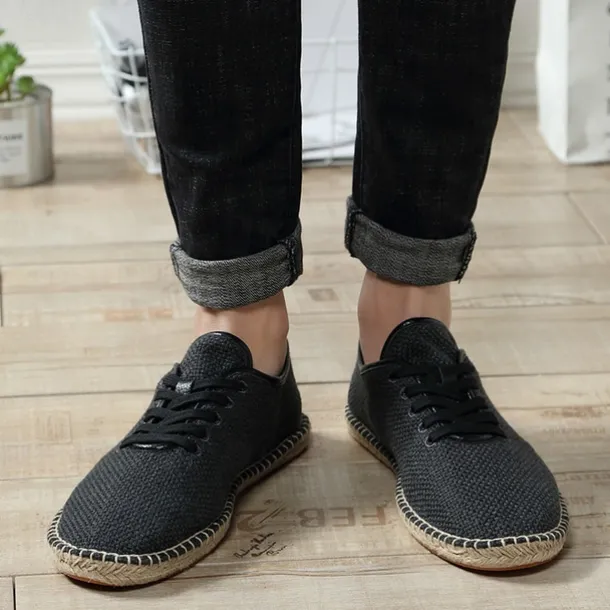 Men's Beige Canvas Lace-Up Espadrille Shoes with Jute Rope Sole – Comfortable Summer Casual Footwear