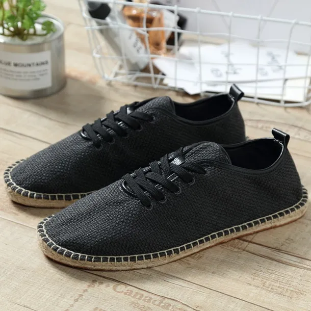 Men's Beige Canvas Lace-Up Espadrille Shoes with Jute Rope Sole – Comfortable Summer Casual Footwear