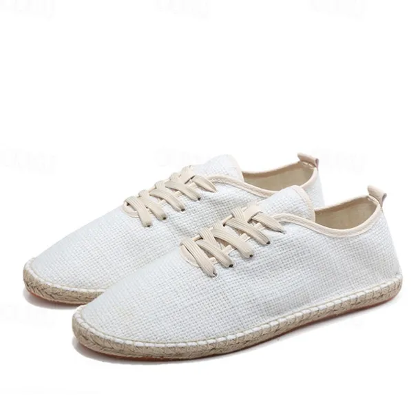 Men's Beige Canvas Lace-Up Espadrille Shoes with Jute Rope Sole – Comfortable Summer Casual Footwear