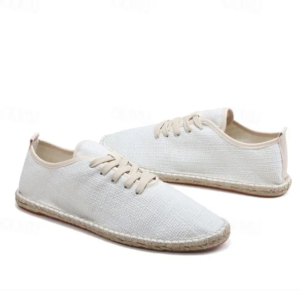 Men's Beige Canvas Lace-Up Espadrille Shoes with Jute Rope Sole – Comfortable Summer Casual Footwear