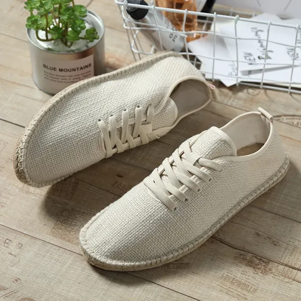 Men's Beige Canvas Lace-Up Espadrille Shoes with Jute Rope Sole – Comfortable Summer Casual Footwear