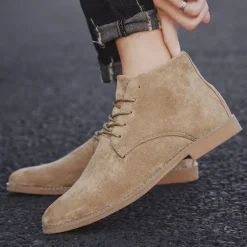 Men's Beige Faux Suede Lace-Up Desert Boots – Classic Chukka Style with Comfortable Rubber Sole for Casual Wear