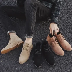 Men's Beige Faux Suede Lace-Up Desert Boots – Classic Chukka Style with Comfortable Rubber Sole for Casual Wear