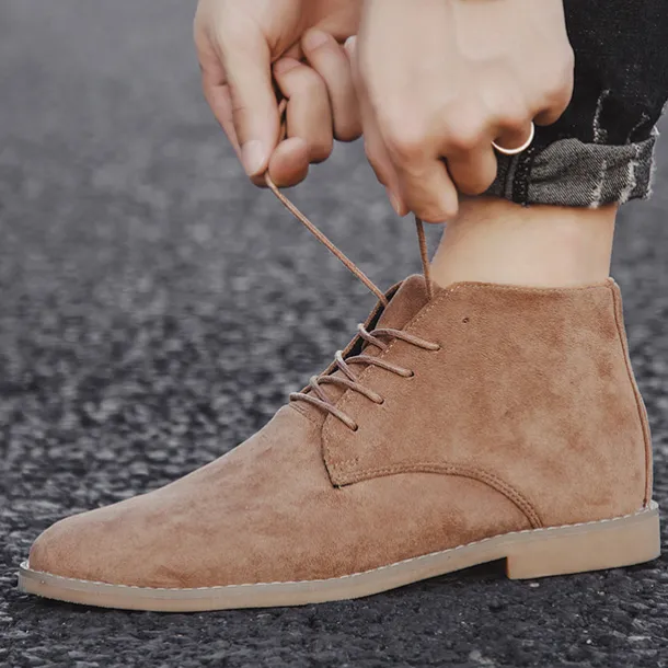 Men's Beige Faux Suede Lace-Up Desert Boots – Classic Chukka Style with Comfortable Rubber Sole for Casual Wear