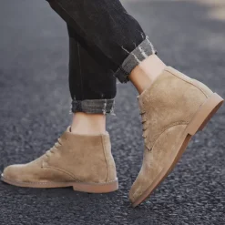 Men's Beige Faux Suede Lace-Up Desert Boots – Classic Chukka Style with Comfortable Rubber Sole for Casual Wear
