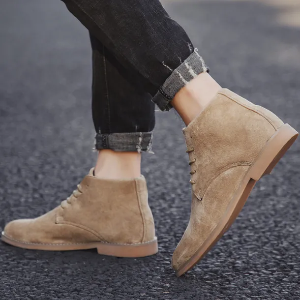 Men's Beige Faux Suede Lace-Up Desert Boots – Classic Chukka Style with Comfortable Rubber Sole for Casual Wear