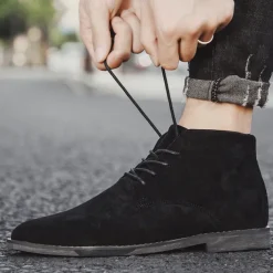 Men's Beige Faux Suede Lace-Up Desert Boots – Classic Chukka Style with Comfortable Rubber Sole for Casual Wear