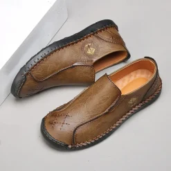 Men's Beige Genuine Faux Leather Moccasins – Handmade Stitching Casual Slip-On Driving Shoes for Outdoor & Trave