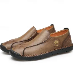 Men's Beige Genuine Faux Leather Moccasins – Handmade Stitching Casual Slip-On Driving Shoes for Outdoor & Trave