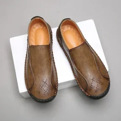 Men's Beige Genuine Faux Leather Moccasins – Handmade Stitching Casual Slip-On Driving Shoes for Outdoor & Trave