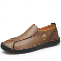 Men's Beige Genuine Faux Leather Moccasins – Handmade Stitching Casual Slip-On Driving Shoes for Outdoor & Trave