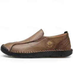 Men's Beige Genuine Faux Leather Moccasins – Handmade Stitching Casual Slip-On Driving Shoes for Outdoor & Trave