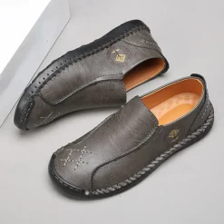 Men's Beige Genuine Faux Leather Moccasins – Handmade Stitching Casual Slip-On Driving Shoes for Outdoor & Trave