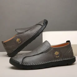 Men's Beige Genuine Faux Leather Moccasins – Handmade Stitching Casual Slip-On Driving Shoes for Outdoor & Trave