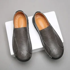 Men's Beige Genuine Faux Leather Moccasins – Handmade Stitching Casual Slip-On Driving Shoes for Outdoor & Trave