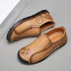 Men's Beige Genuine Faux Leather Moccasins – Handmade Stitching Casual Slip-On Driving Shoes for Outdoor & Trave