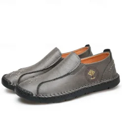 Men's Beige Genuine Faux Leather Moccasins – Handmade Stitching Casual Slip-On Driving Shoes for Outdoor & Trave