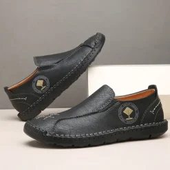 Men's Beige Genuine Faux Leather Moccasins – Handmade Stitching Casual Slip-On Driving Shoes for Outdoor & Trave