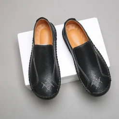 Men's Beige Genuine Faux Leather Moccasins – Handmade Stitching Casual Slip-On Driving Shoes for Outdoor & Trave