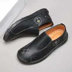 Men's Beige Genuine Faux Leather Moccasins – Handmade Stitching Casual Slip-On Driving Shoes for Outdoor & Trave