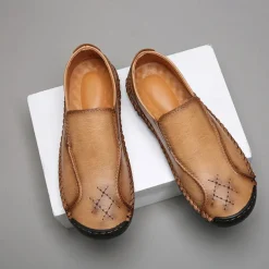 Men's Beige Genuine Faux Leather Moccasins – Handmade Stitching Casual Slip-On Driving Shoes for Outdoor & Trave