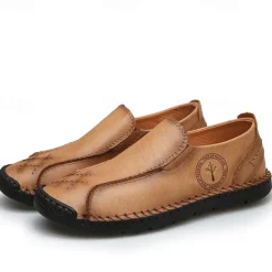 Men's Beige Genuine Faux Leather Moccasins – Handmade Stitching Casual Slip-On Driving Shoes for Outdoor & Trave