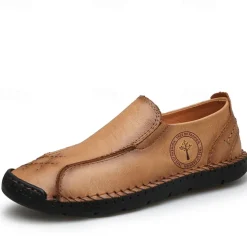 Men's Beige Genuine Faux Leather Moccasins – Handmade Stitching Casual Slip-On Driving Shoes for Outdoor & Trave