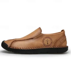 Men's Beige Genuine Faux Leather Moccasins – Handmade Stitching Casual Slip-On Driving Shoes for Outdoor & Trave