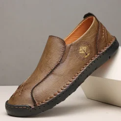 Men's Beige Genuine Faux Leather Moccasins – Handmade Stitching Casual Slip-On Driving Shoes for Outdoor & Trave