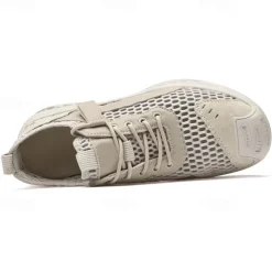 Men's Beige Mesh Sneakers with Lace-up & Velcro Strap, Breathable Casual Sports Shoes for Summer